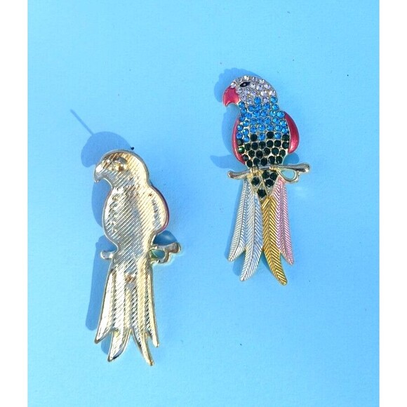 Gold & Rhinestone Parrot Bird Colorful Earrings Blue Green Tail Feathers - Picture 5 of 5